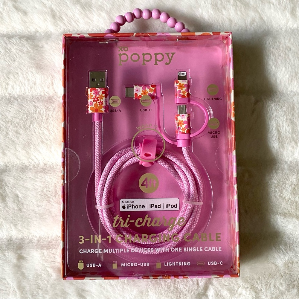 xo poppy Pink 3-in-1 Tri-Charge Charging Cable